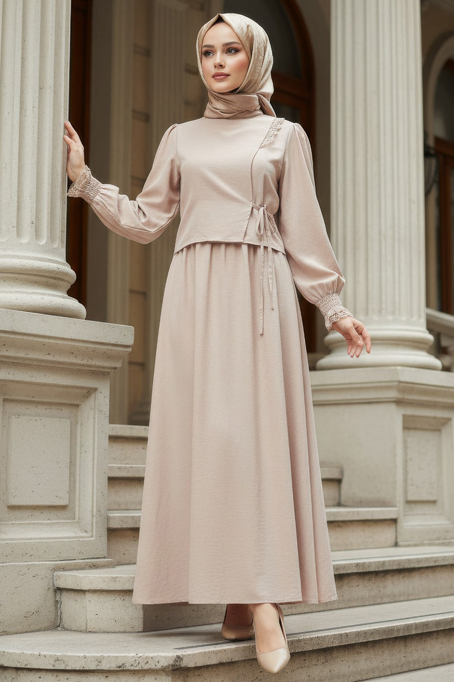 Tie-Detailed Beige Modest Dress 20324BEJ