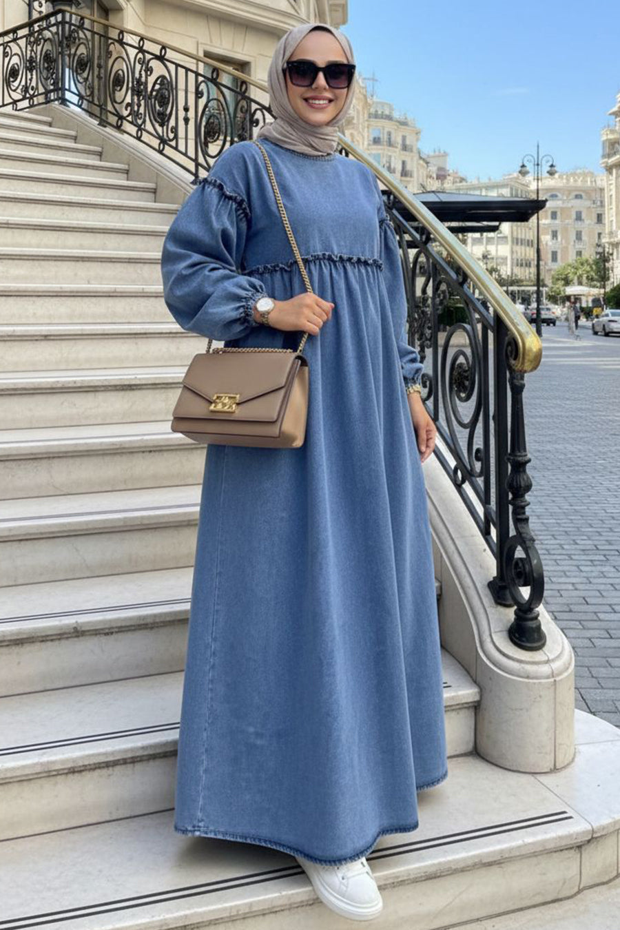 Balloon-Sleeve Denim Blue Modest Dress 19173M