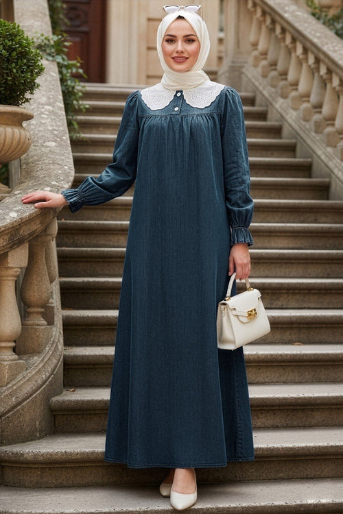 Baby-Collar Denim Navy Modest Dress 19120L