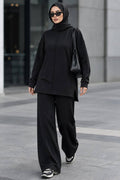 Black crew-neck relaxed-fit modest trouser two-piece set 3133S wholesale Turkey fall winter