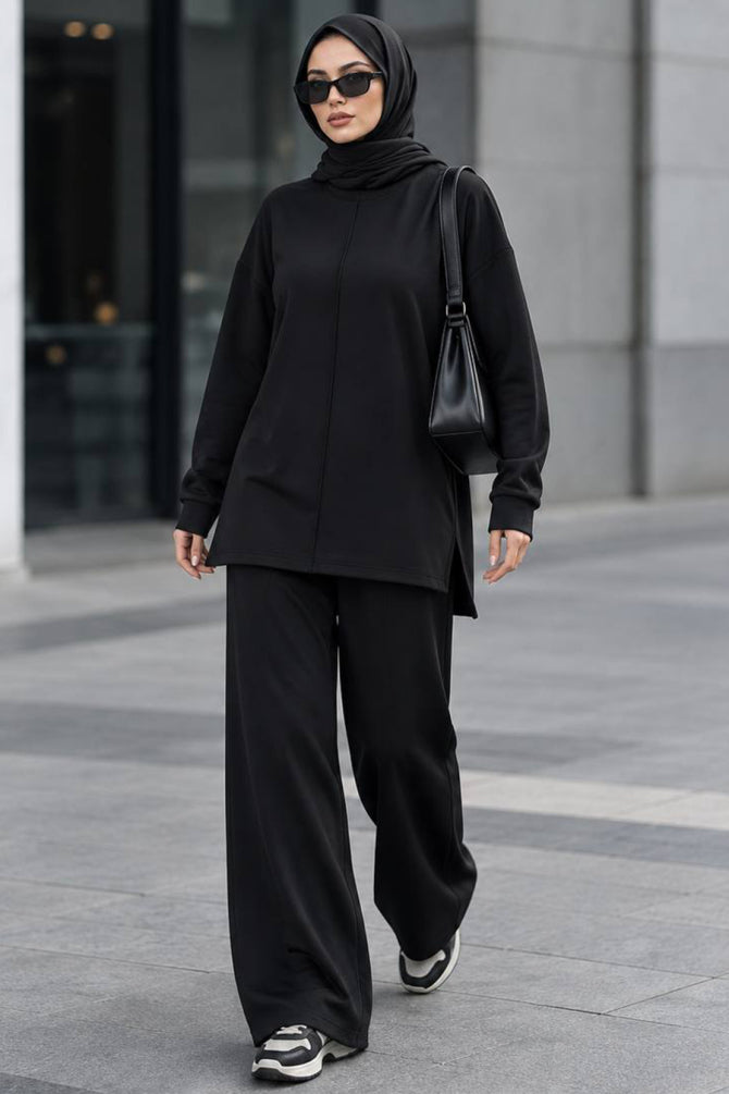 Black crew-neck relaxed-fit modest trouser two-piece set 3133S wholesale Turkey fall winter