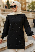 Beaded Diamond-Pattern Black Modest Knit Sweater 10138S