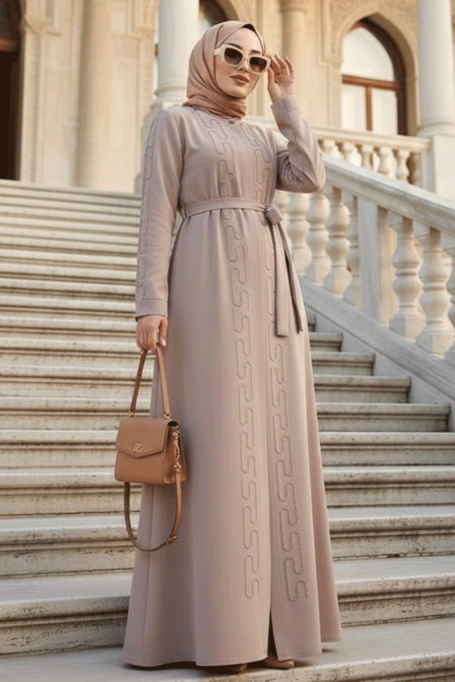 Beaded Beige Modest Abaya 29118BEJ