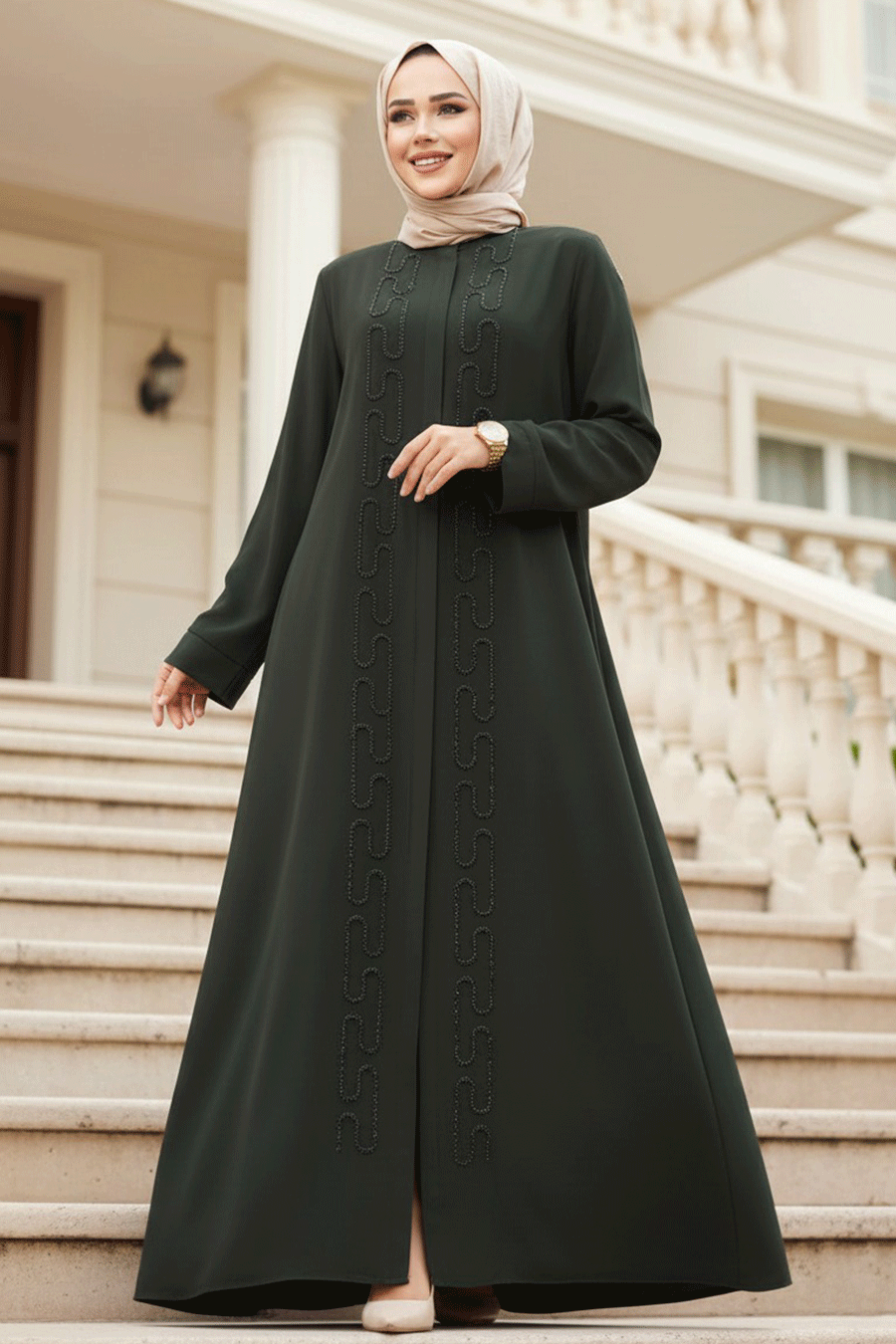 Beaded Khaki Modest Abaya 29118HK