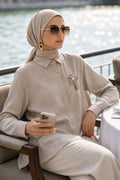 Brooch-Detailed Beige Modest Tunic 11192BEJ