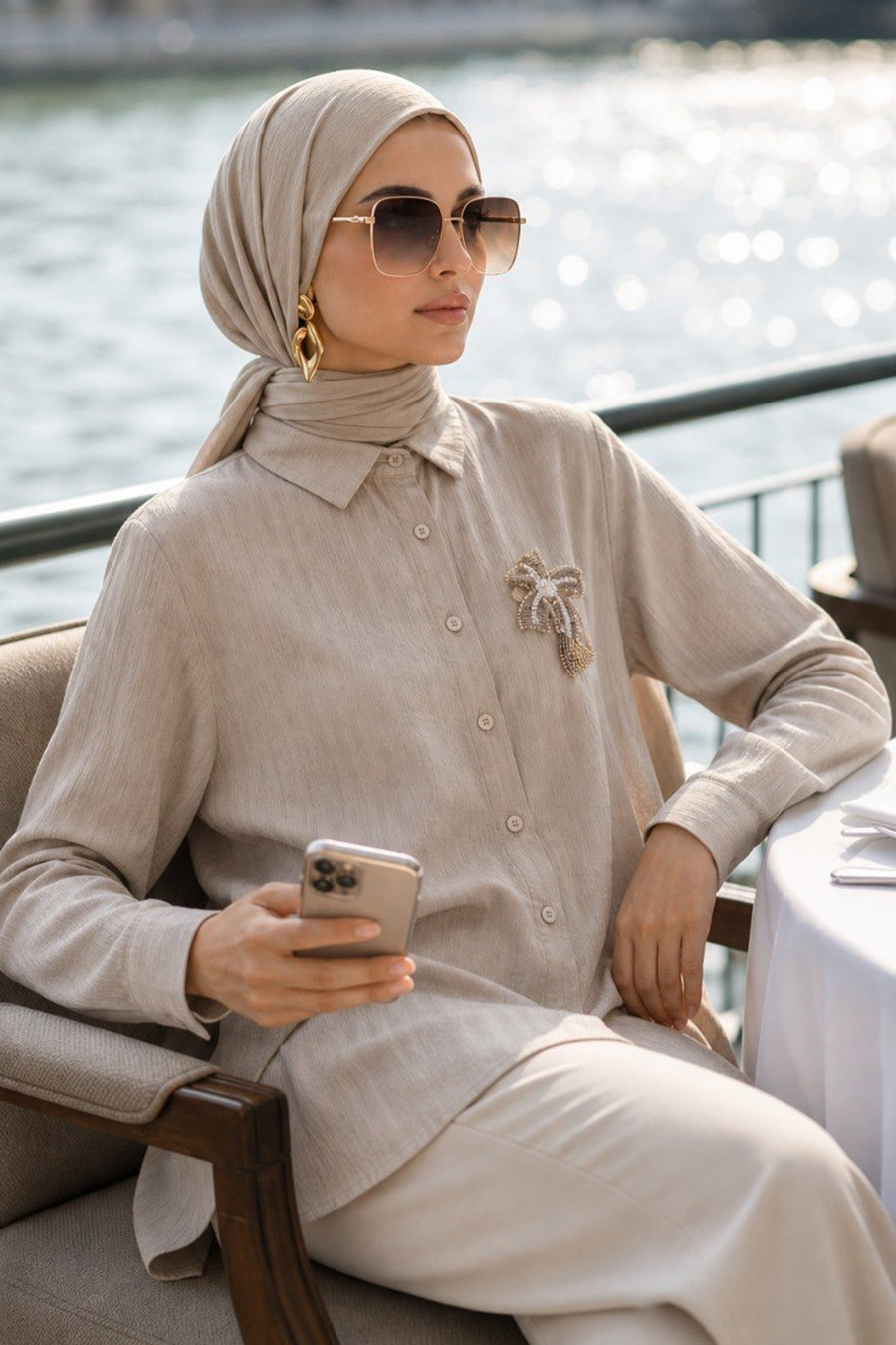 Brooch-Detailed Beige Modest Tunic 11192BEJ