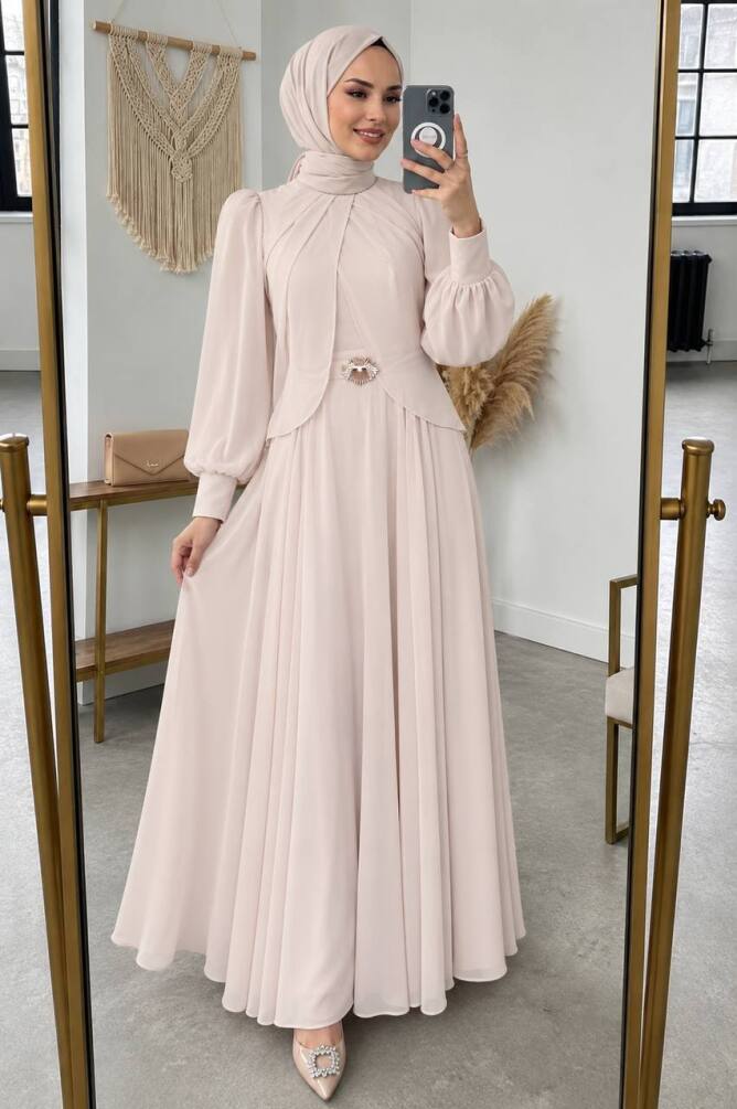 Brooch Detail Draped Beige Modest Evening Dress 5747BEJ