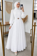 Brooch Detail Draped White Modest Evening Dress 5747B