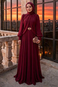 Brooch Detail Draped Burgundy Modest Evening Dress 5747BR