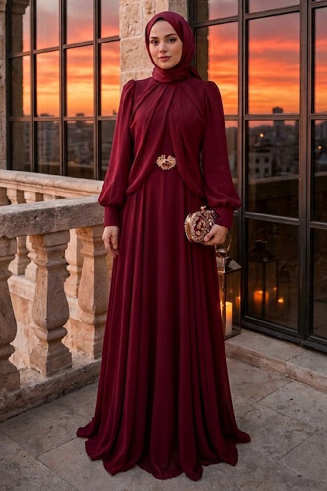 Brooch Detail Draped Burgundy Modest Evening Dress 5747BR