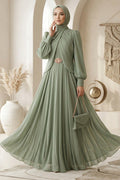Brooch Detail Draped Pistachio Green Modest Evening Dress 5747FY