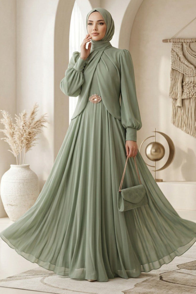 Brooch Detail Draped Pistachio Green Modest Evening Dress 5747FY