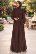 Brooch Detail Draped Brown Modest Evening Dress 5747KH
