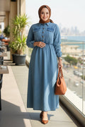 Pocket-Detailed Denim Blue Modest Dress 717M