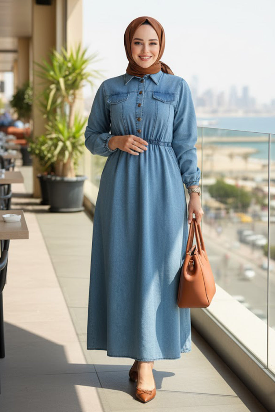 Pocket-Detailed Denim Blue Modest Dress 717M