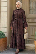 Floral Appliqué Shirt-Collar Dark Brown Modest Dress 26185KKH