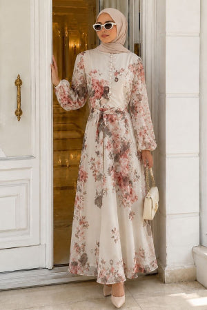 Floral Patterned Buttoned Dusty Rose Modest Dress 5339GK