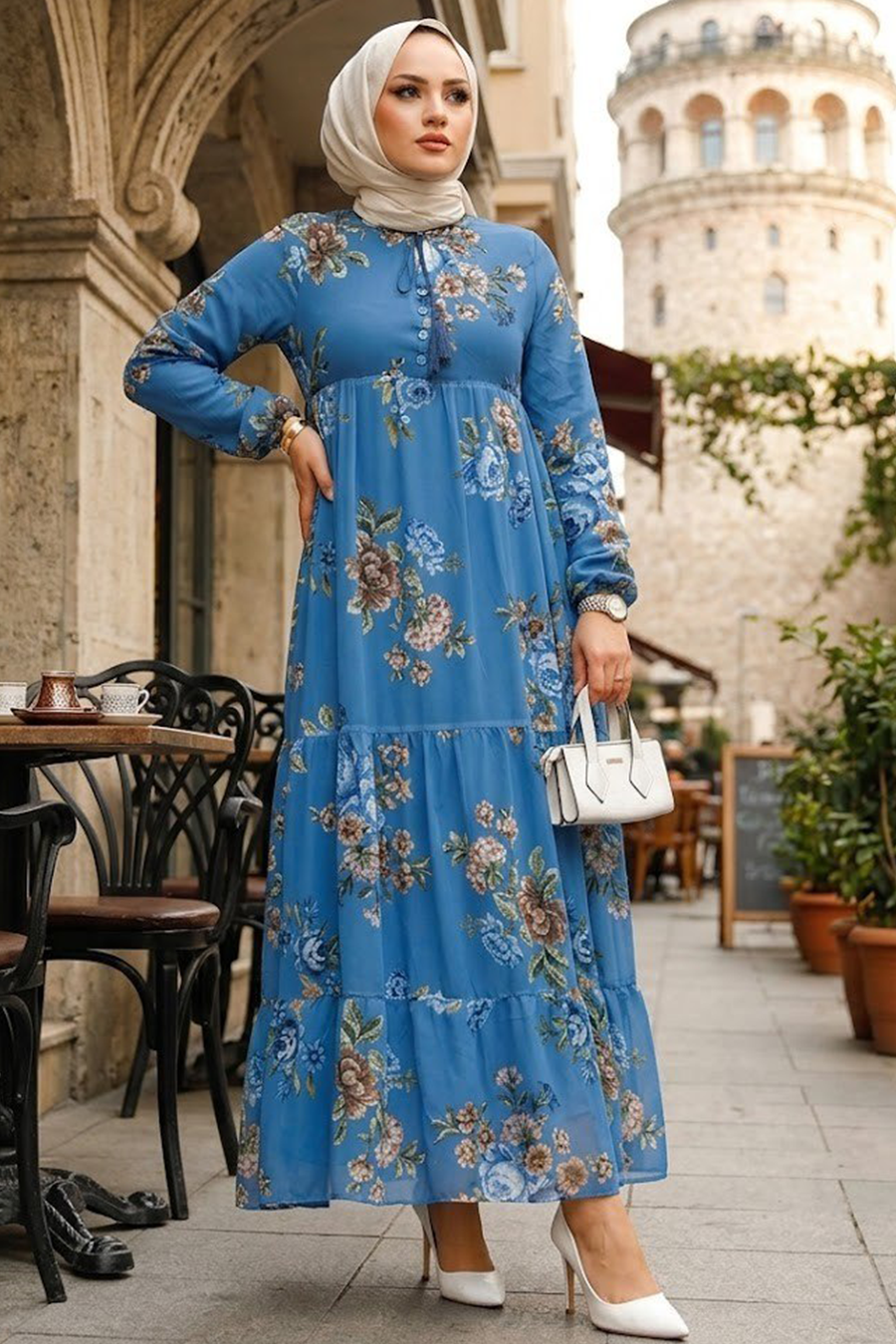 Floral Patterned Indigo Blue Modest Dress 22052IM