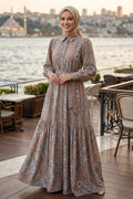 Floral Patterned Belted Mink Modest Dress 15063V
