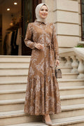 Floral Patterned Belted Olive Green Modest Dress 15063YY