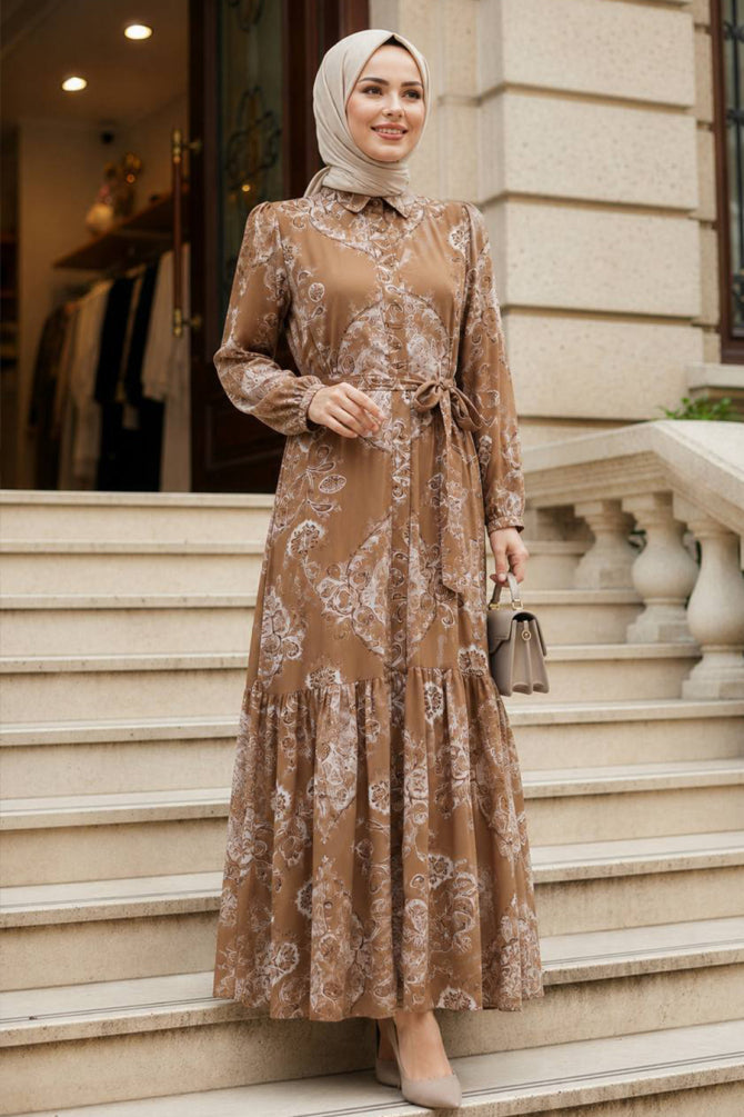 Floral Patterned Belted Olive Green Modest Dress 15063YY