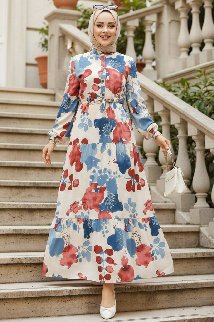 Floral Patterned Plum Modest Dress 10214MU