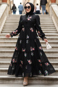 Floral Patterned Black Modest Dress 32815S