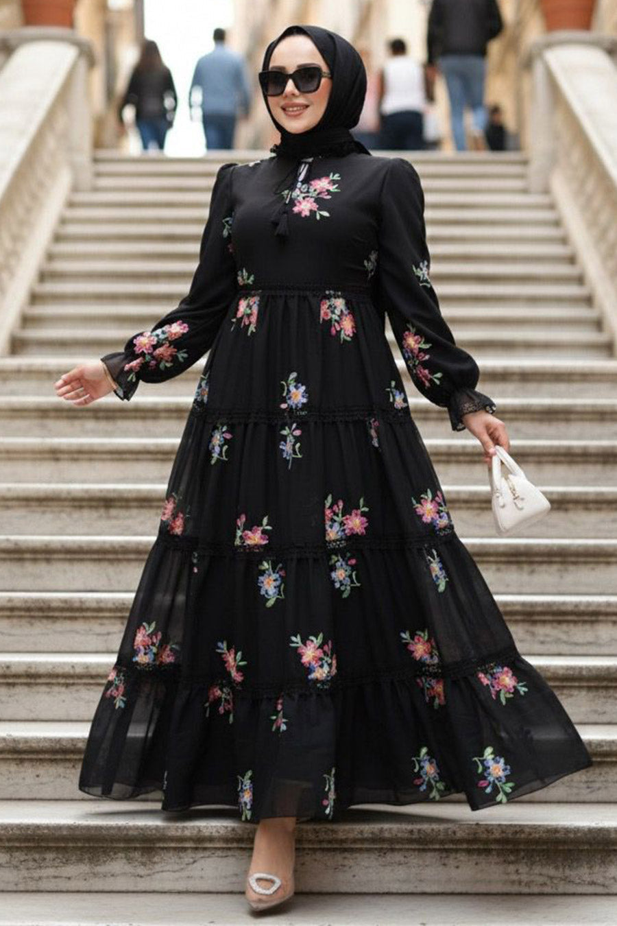 Floral Patterned Black Modest Dress 32815S
