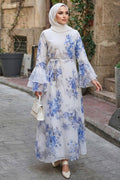 Indigo blue floral print flutter-sleeve modest dress 2503IM wholesale Turkey