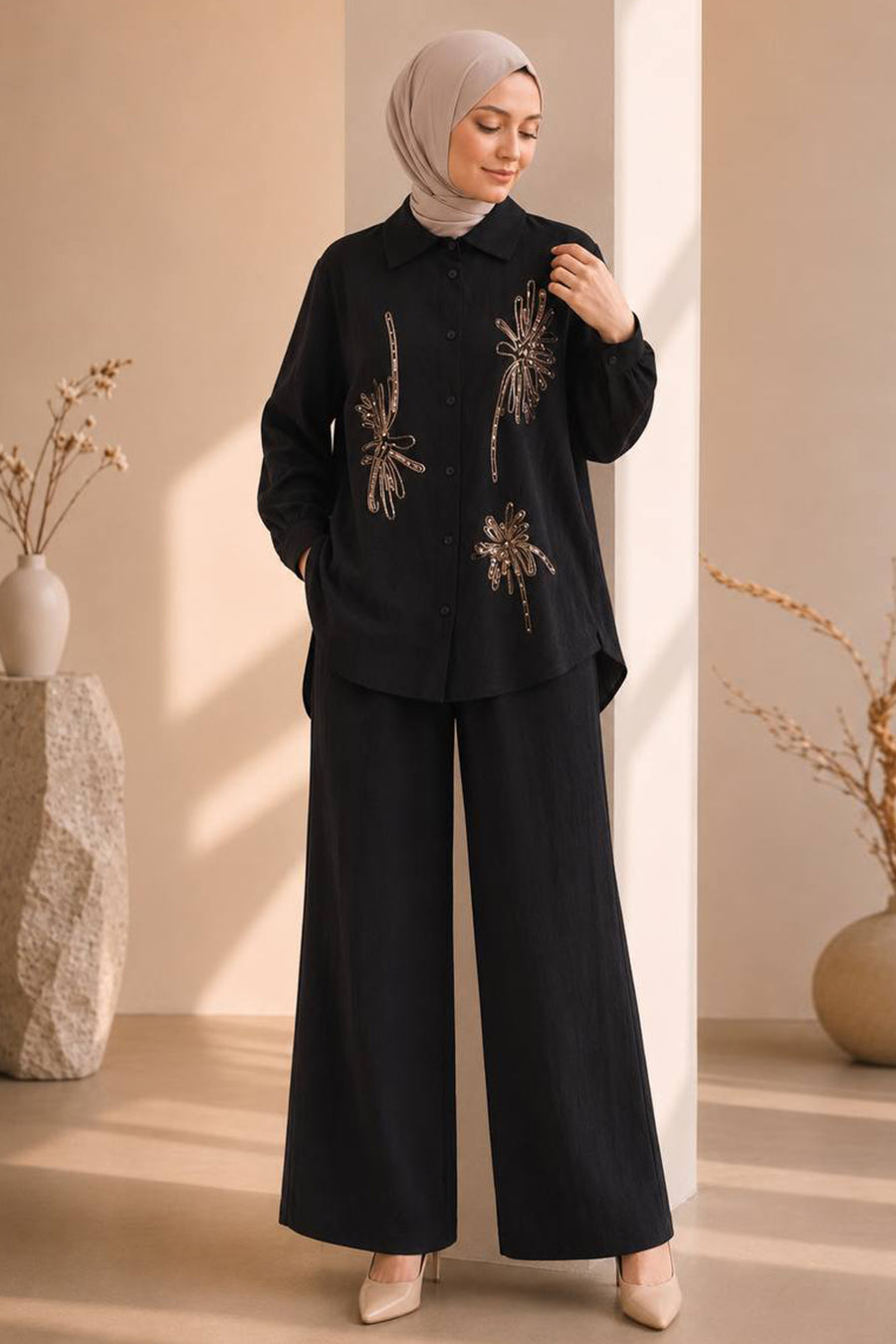 15695S Black Floral Embroidered Satin Set