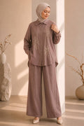 15695V Mink Floral Embroidered Satin Set