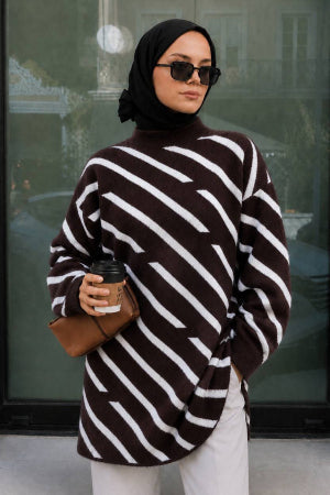 Striped Brown Modest Knit Tunic 80021KH