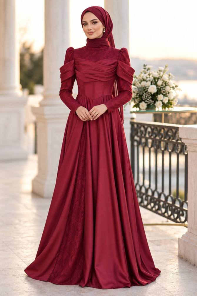 Lace Draped Burgundy Modest Evening Dress 260BR