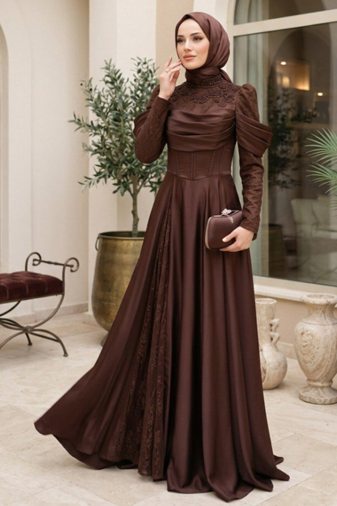 Lace Draped Brown Modest Evening Dress 260KH