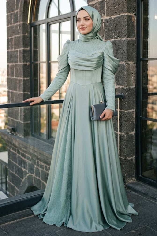 Lace Draped Mint Modest Evening Dress 260MINT