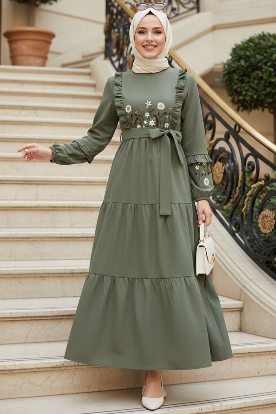 Patterned Almond Green Modest Dress 10327CY