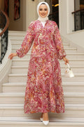Patterned Fuchsia Modest Dress 23585F