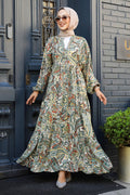 Patterned Khaki Modest Dress 23585HK