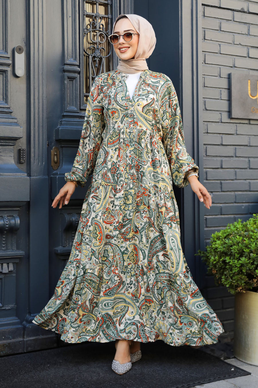 Patterned Khaki Modest Dress 23585HK