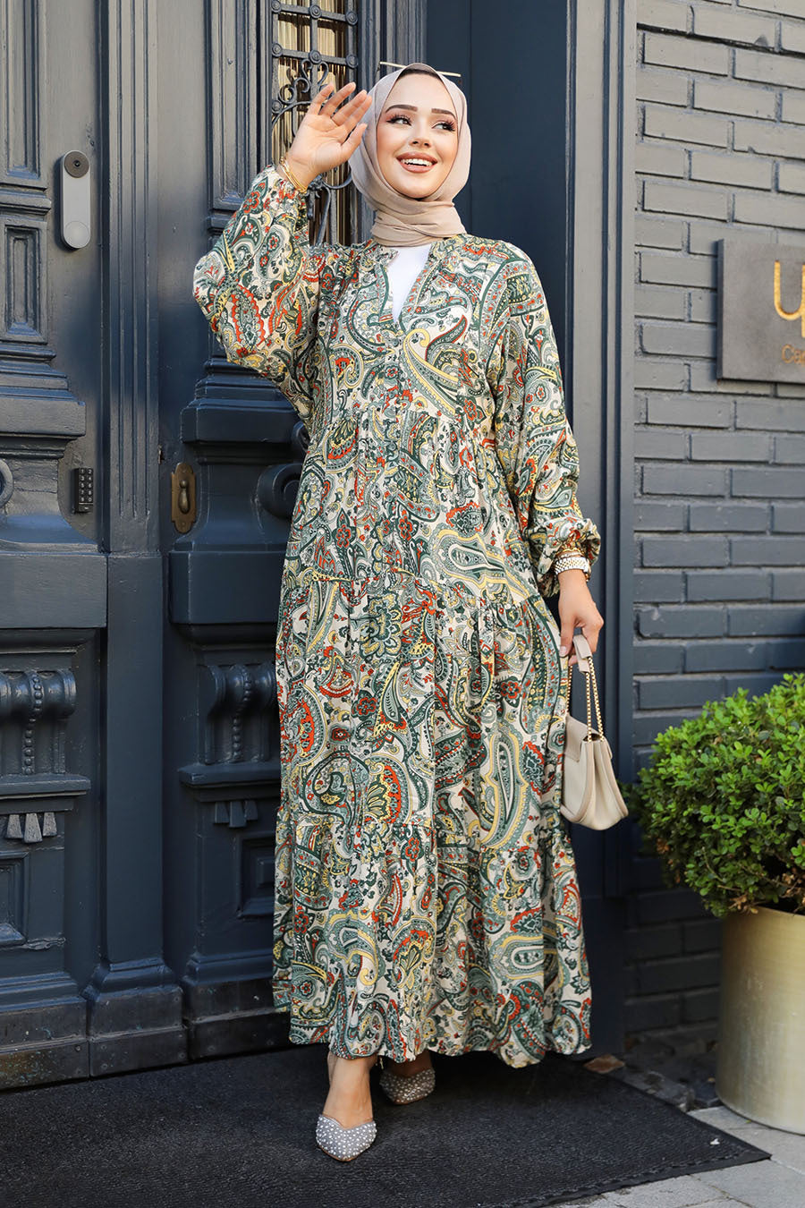 Patterned Khaki Modest Dress 23585HK