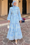 Blue patterned chiffon tiered modest dress 24790M wholesale Turkey