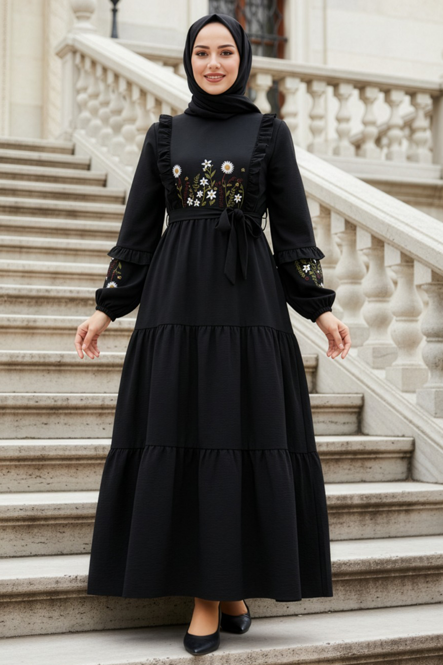 Patterned Black Modest Dress 10327S