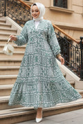 Patterned Green Modest Dress 23587Y