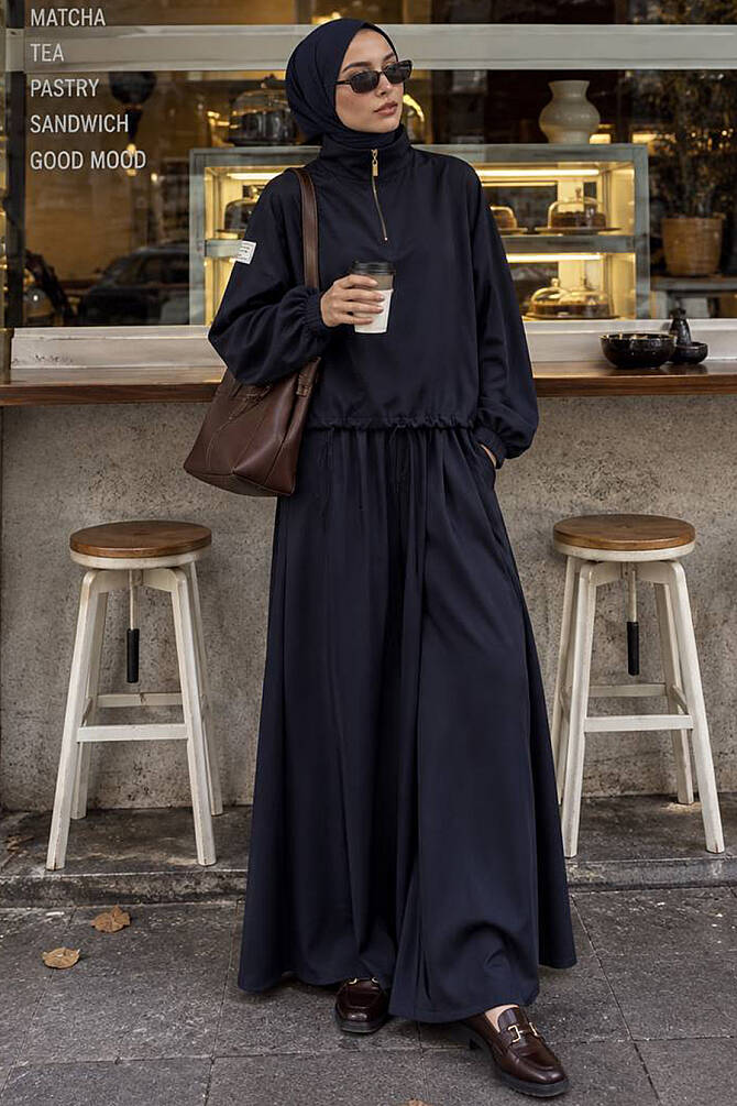 Navy blue stand-collar half-zip modest trouser two-piece set 14182L wholesale Turkey fall winter