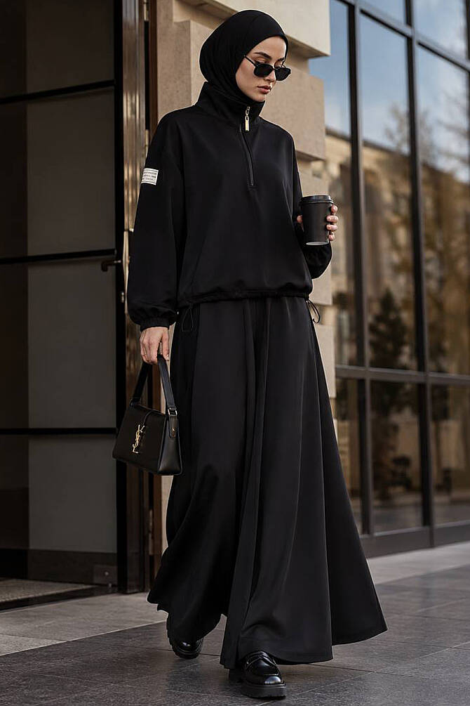 Black stand-collar half-zip modest trouser two-piece set 14182S wholesale Turkey fall winter