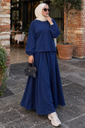 Navy blue stitch-detail modest skirt two-piece set 3011L wholesale Turkey fall winter