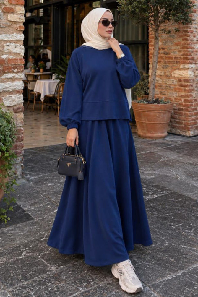 Navy blue stitch-detail modest skirt two-piece set 3011L wholesale Turkey fall winter