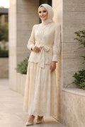 50071BEJ Beige Draped Belted Broderie Set