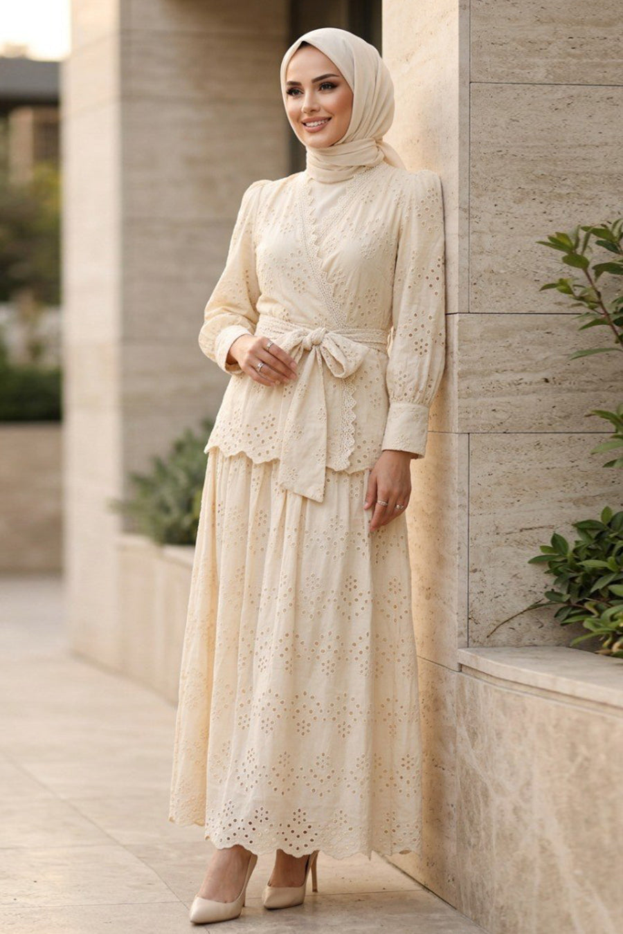 50071BEJ Beige Draped Belted Broderie Set