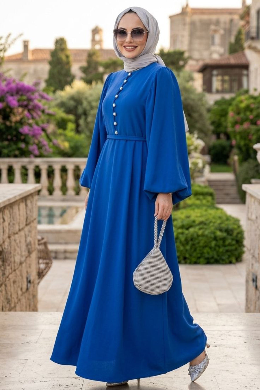 Button-Detailed Sax Blue Modest Dress 10161SX